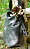 Black Hobo Bag with Leather Flower