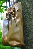 Cognac Leather Purse with Leather Flowers