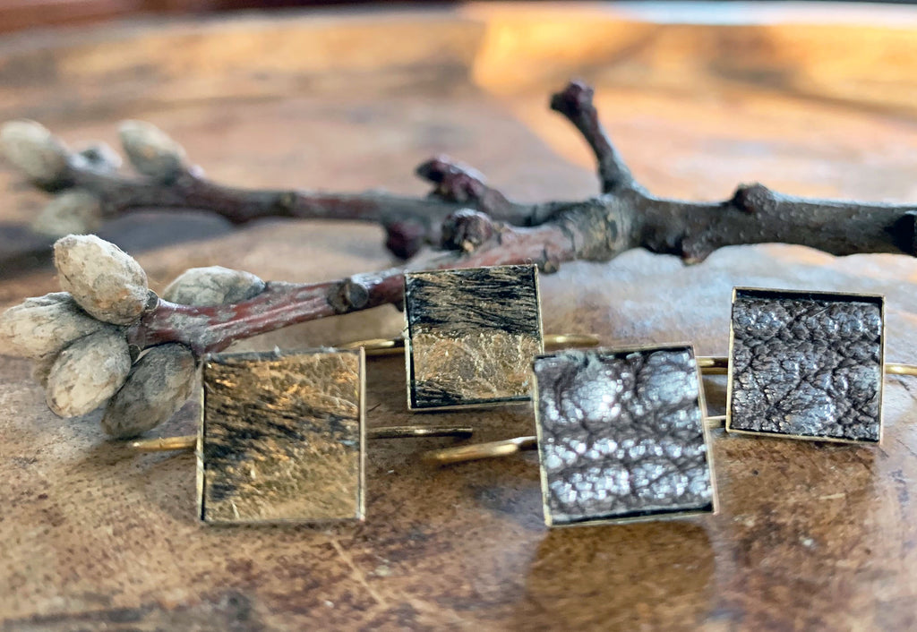 Small Bezel Silver and gold Metallic Cowhide Earrings