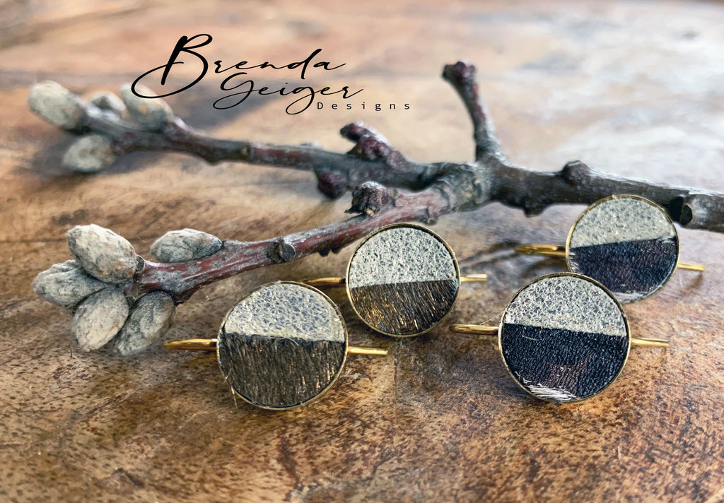 Small Bezel Earring Chocolate and Silver cowhide