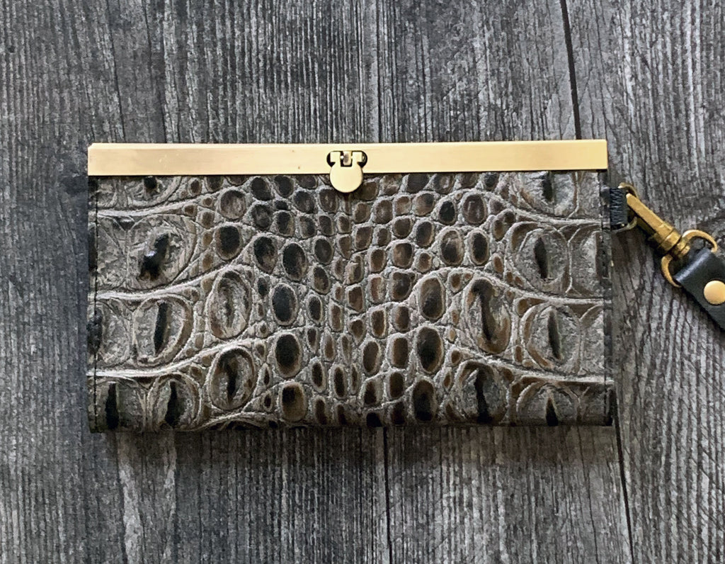 Leather Wristlet Wallet- Brown/Grey/Black embossed print