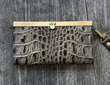 Leather Wristlet Wallet- Brown/Grey/Black embossed print