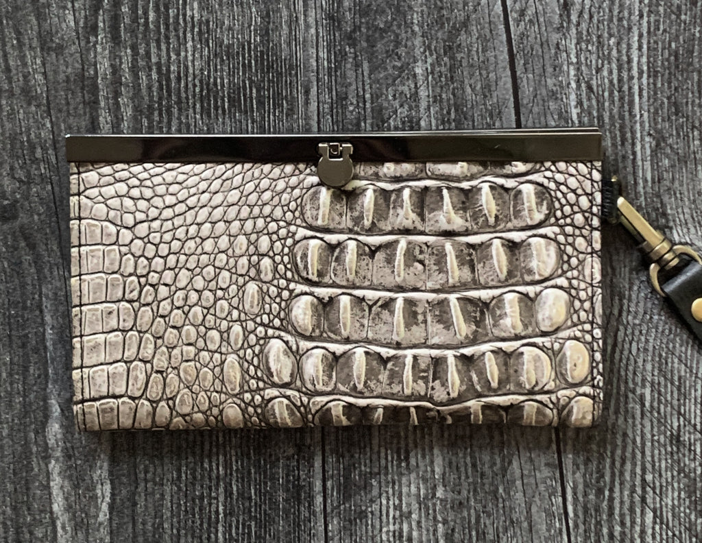 Leather Wristlet Wallet - Grey Embossed Print
