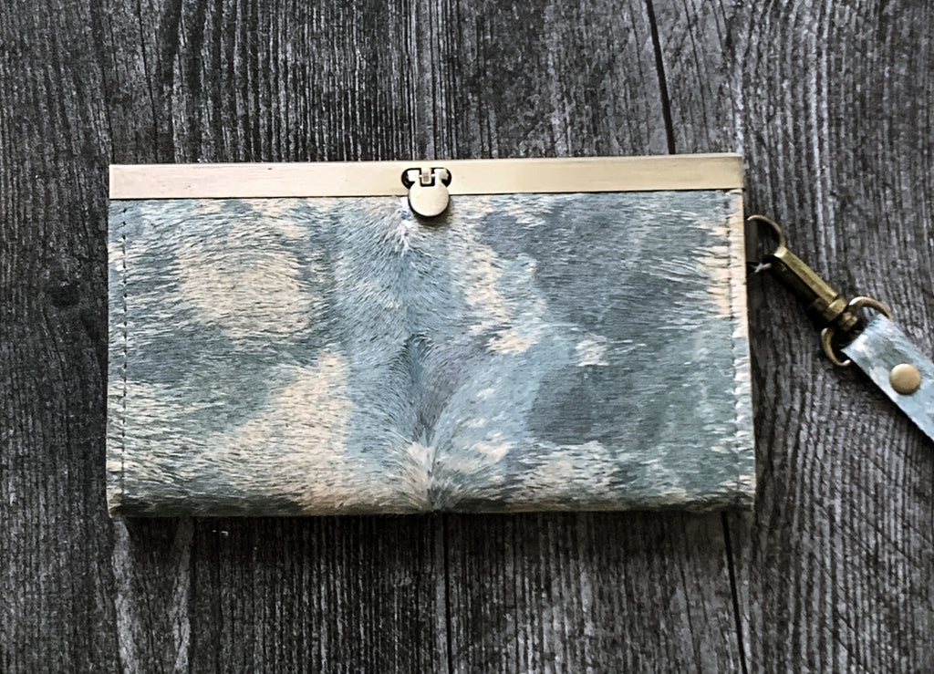 Leather Wristlet Wallet - Blues & Beige Hair on cowhide