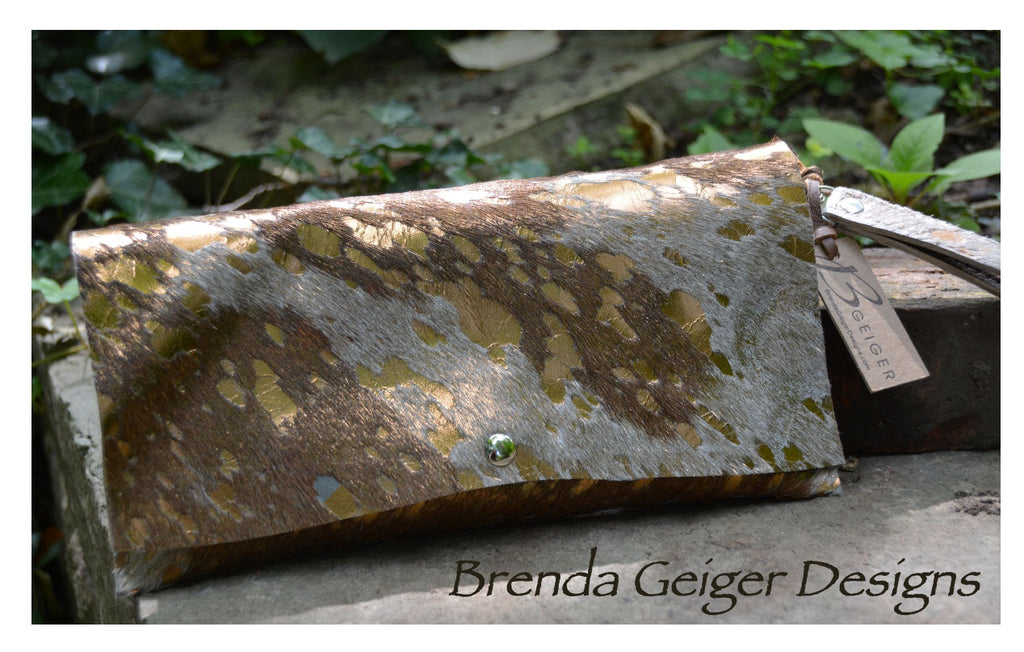 Metallic Tan and White Cowhide Clutch