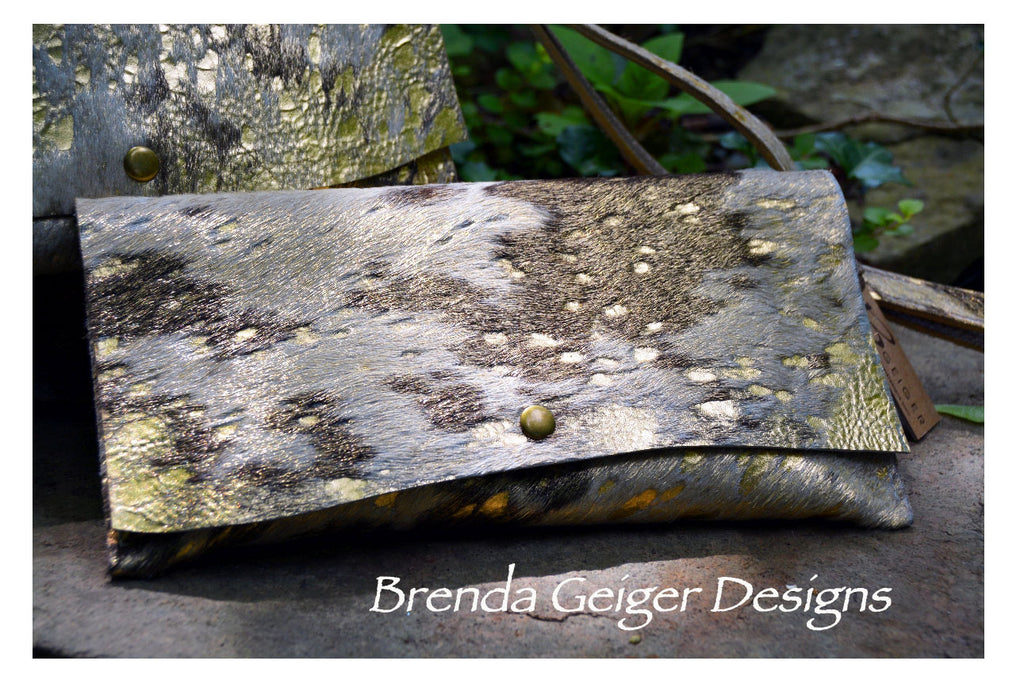 Metallic Cream and Tan Cowhide Clutch