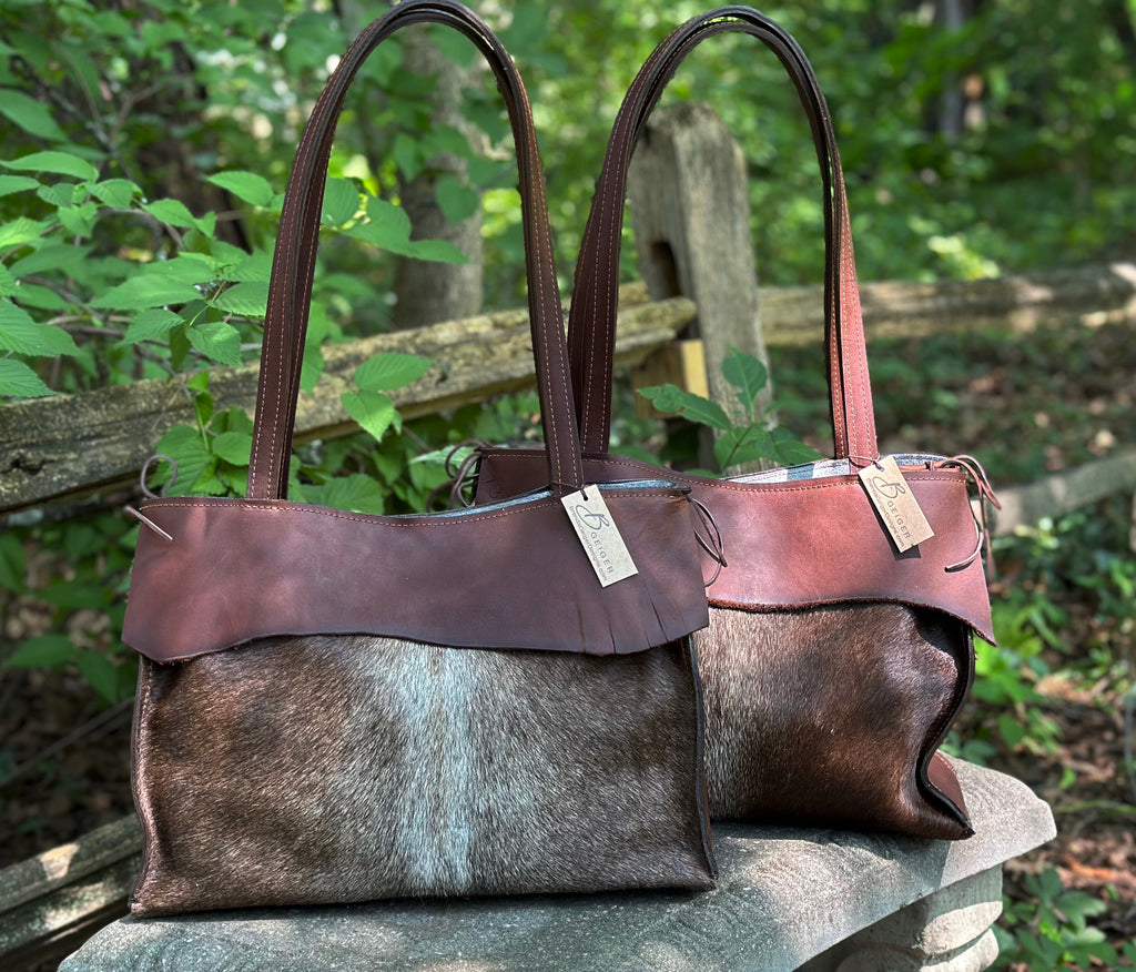 Brown Cowhide totes -Natural edge leather top