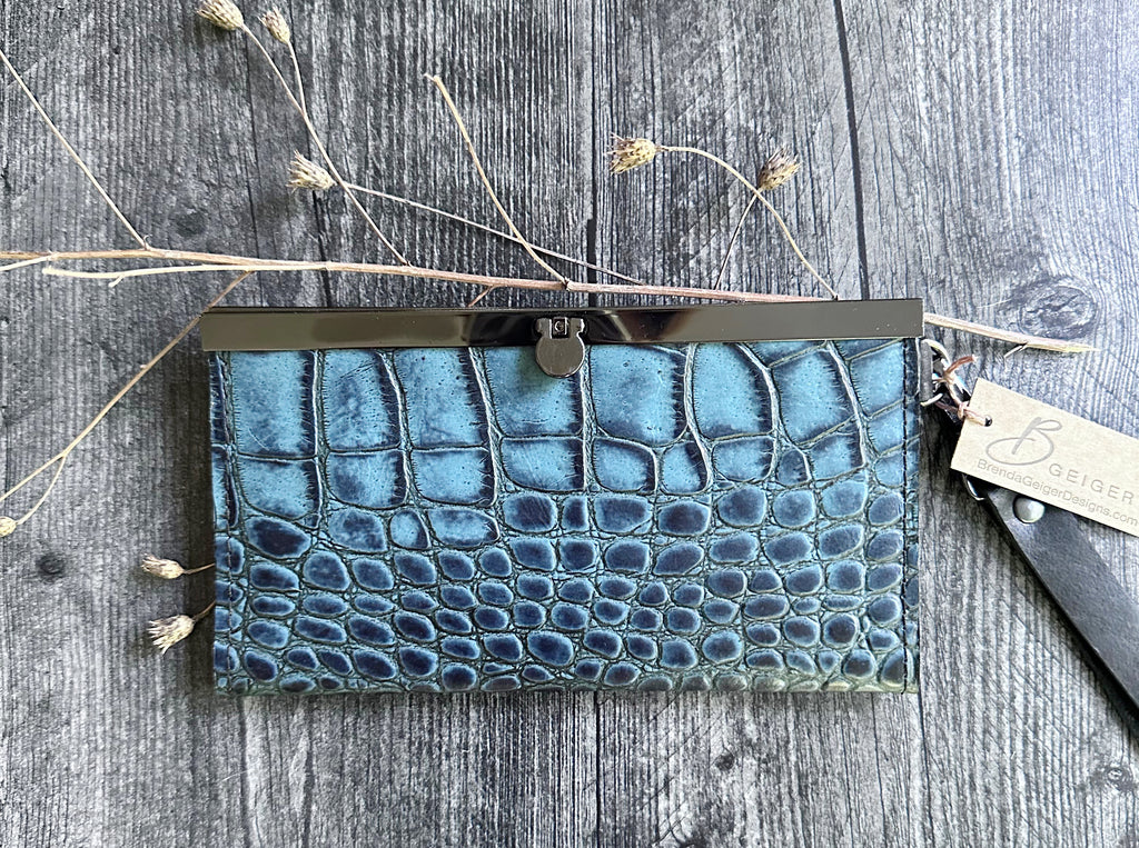 Leather Wristlet Wallet - Black embossed Crocodile print – Brenda Geiger  Designs