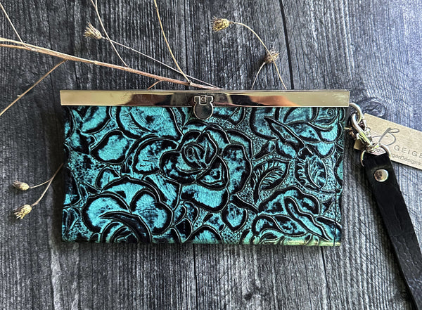 Leather Wristlet Wallet - Embossed Teal Leather