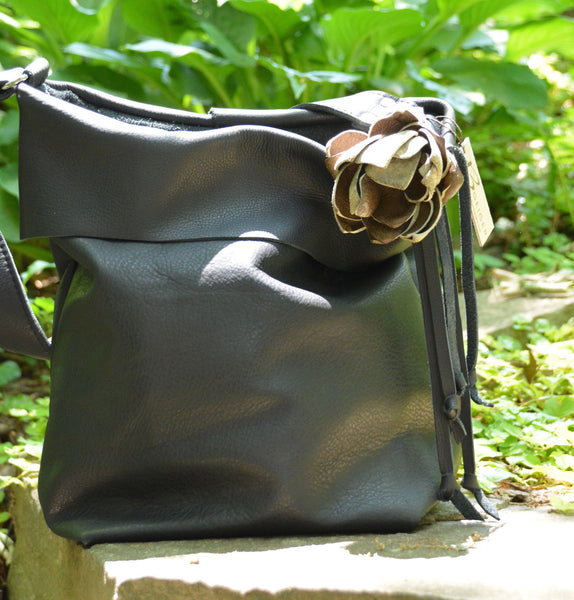 Black Hobo Bag with Leather Flower