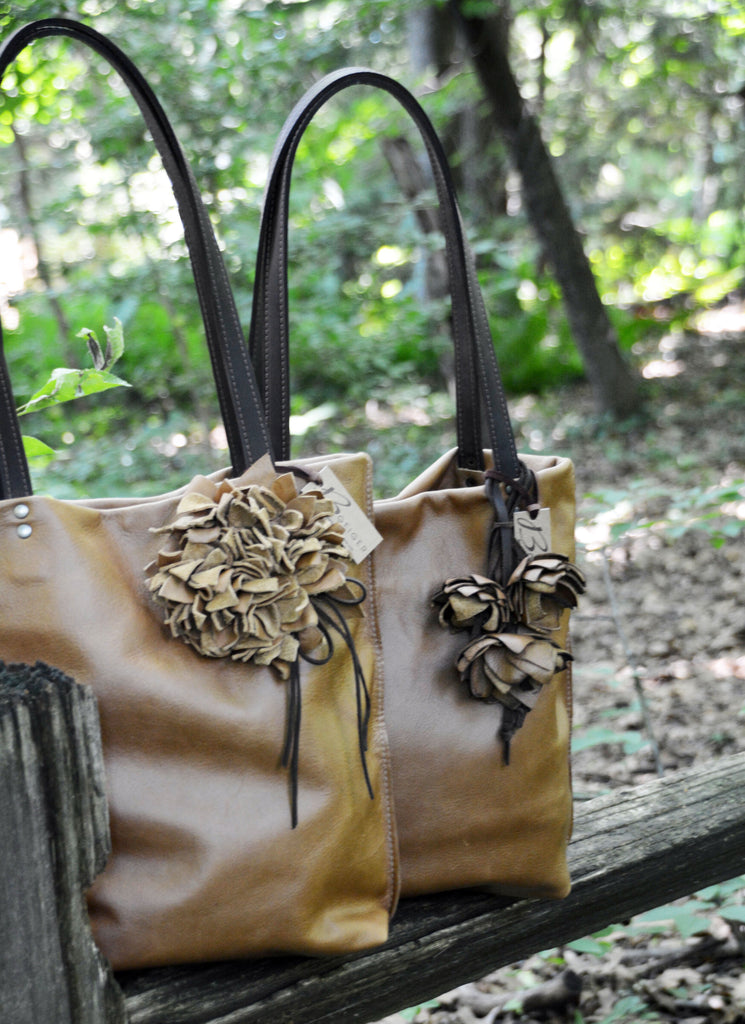 Cognac Leather  Purse with Leather Flowers