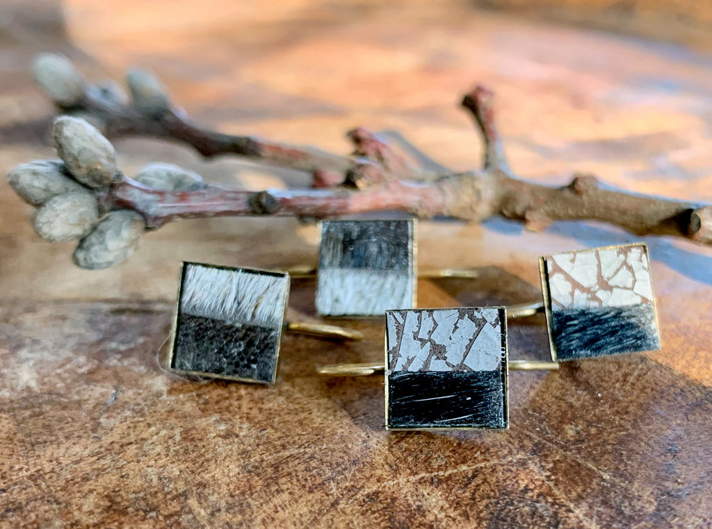 Small Bezel Light and Dark Cowhide Earrings