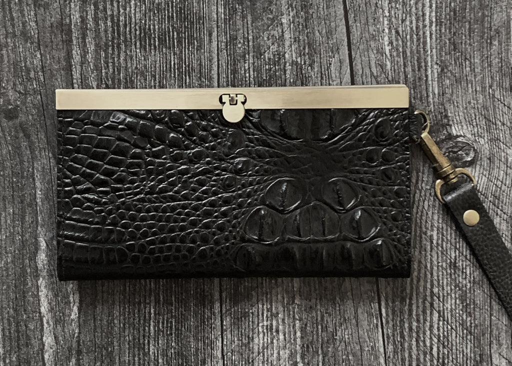Leather Wristlet Wallet - Black embossed Crocodile print